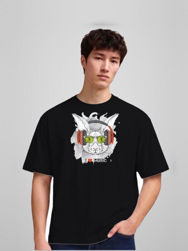 I Love Music rabbit round neck t-shirt in black, front