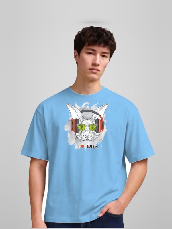 I Love Music rabbit round neck t-shirt in sky blue, front