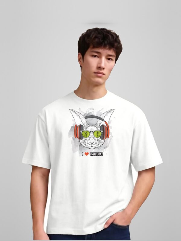 i-love-music-rabbit-round-neck-tshirt-white-full I Love Music rabbit round neck t-shirt in white, front