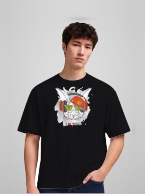 i-love-music-rabbit-yo-round-neck-tshirt-black-full I Love Music rabbit yo round neck t-shirt in black, front