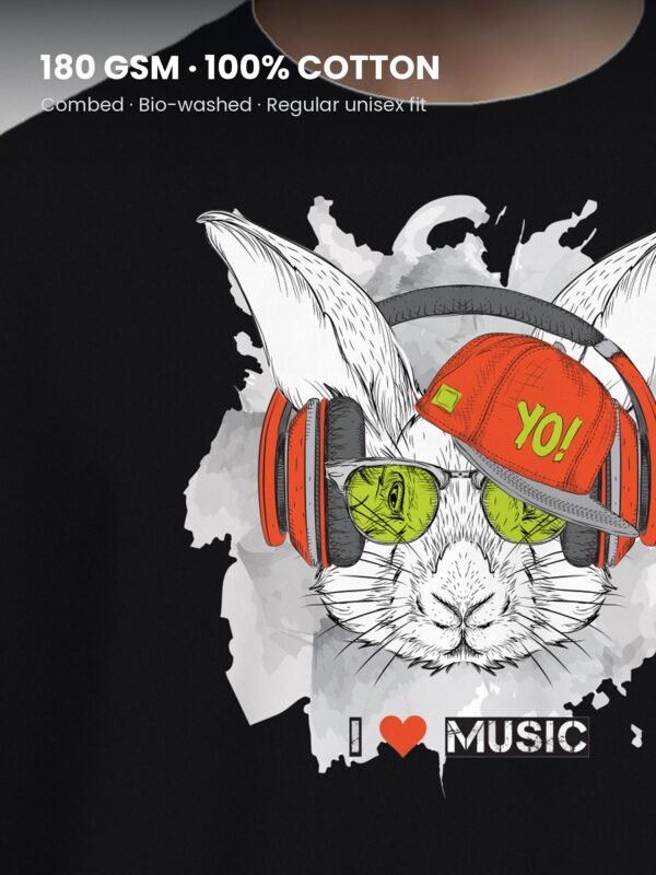 i love music rabbit yo round neck tshirt fabric detail