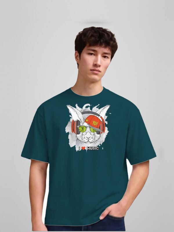 I Love Music rabbit yo round neck t-shirt in petrol blue, front