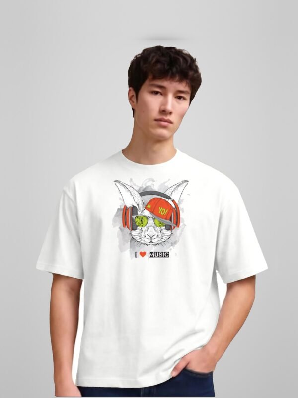 I Love Music rabbit yo round neck t-shirt in white, front