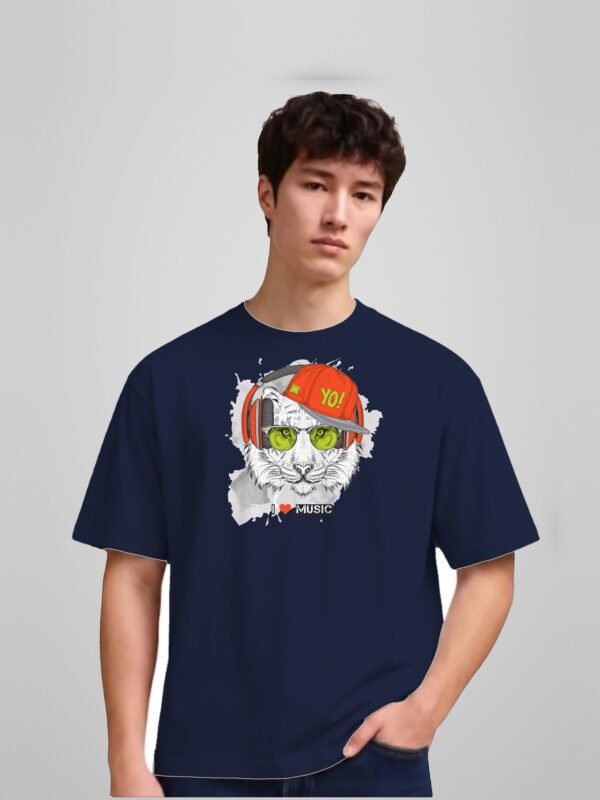 i-love-music-tiger-yo-round-neck-tshirt-navy-blue-full I Love Music tiger yo round neck t-shirt in navy blue, front