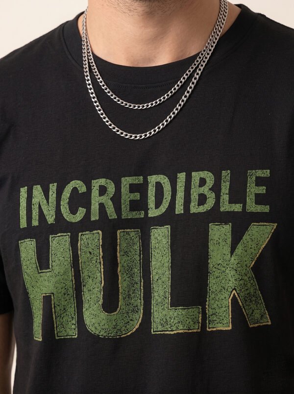 Incredible Hulk Textured Print Round Neck T-Shirt in Black, textured print close-up Incredible Hulk Textured Print Round Neck T-Shirt in Black, textured print close-up