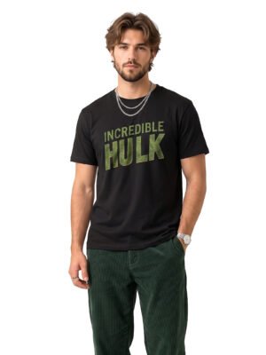Incredible Hulk Textured Print Round Neck T-Shirt in Black, front view
