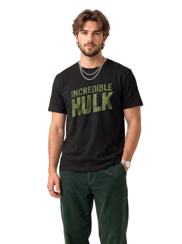 Incredible Hulk Textured Print Round Neck T-Shirt in Black, front view Incredible Hulk Textured Print Round Neck T-Shirt in Black, front view