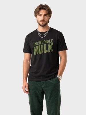 Incredible Hulk Textured Print Round Neck T-Shirt in Black, front view Incredible Hulk Textured Print Round Neck T-Shirt in Black, front view