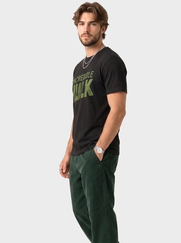 Incredible Hulk Textured Print Round Neck T-Shirt in Black, side view Incredible Hulk Textured Print Round Neck T-Shirt in Black, side view