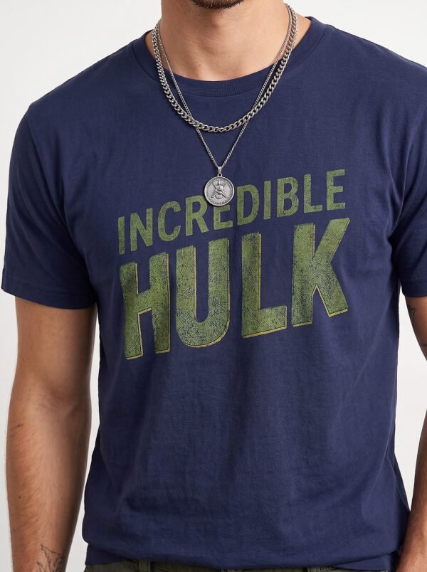 Incredible Hulk Textured Print Round Neck T-Shirt in Navy Blue, textured print close-up Incredible Hulk Textured Print Round Neck T-Shirt in Navy Blue, textured print close-up