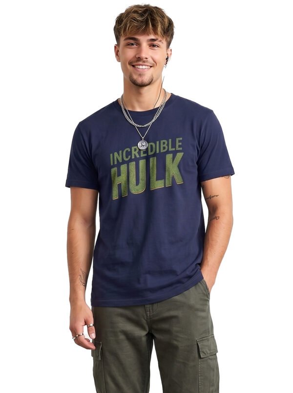 Incredible Hulk Textured Print Round Neck T-Shirt in Navy Blue, front view Incredible Hulk Textured Print Round Neck T-Shirt in Navy Blue, front view