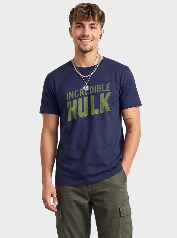 Incredible Hulk Textured Print Round Neck T-Shirt in Navy Blue, front view Incredible Hulk Textured Print Round Neck T-Shirt in Navy Blue, front view