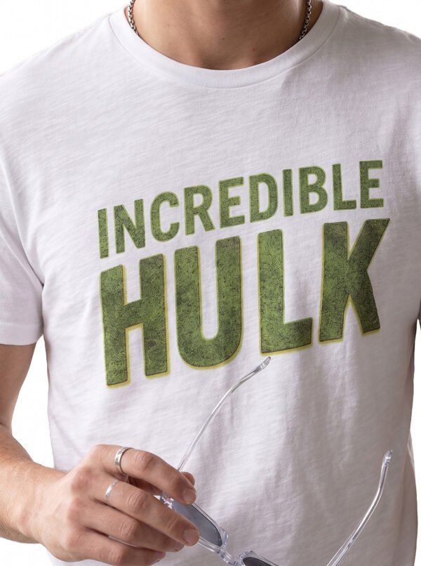 Incredible Hulk Textured Print Round Neck T-Shirt in White, textured print close-up Incredible Hulk Textured Print Round Neck T-Shirt in White, textured print close-up