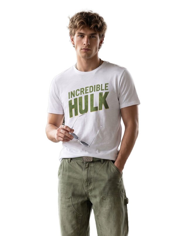 Incredible Hulk Textured Print Round Neck T-Shirt in White, front view Incredible Hulk Textured Print Round Neck T-Shirt in White, front view