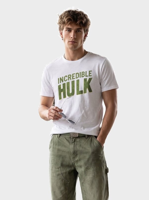 Incredible Hulk Textured Print Round Neck T-Shirt in White, front view Incredible Hulk Textured Print Round Neck T-Shirt in White, front view