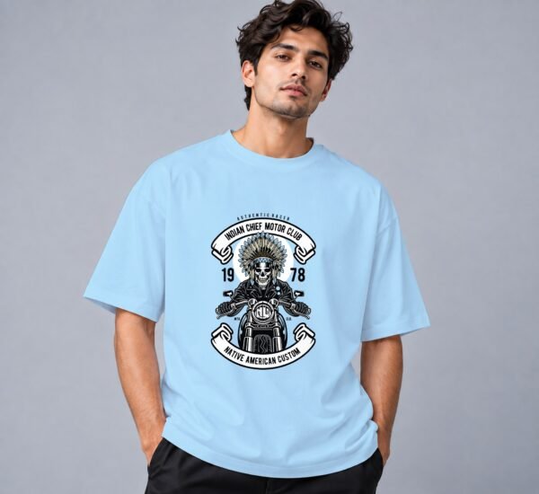 indian-chief-biker-tshirt-baby-blue-front Indian Chief Motor Club 240 GSM Oversized Tee in baby blue, front view – Kool Kameez