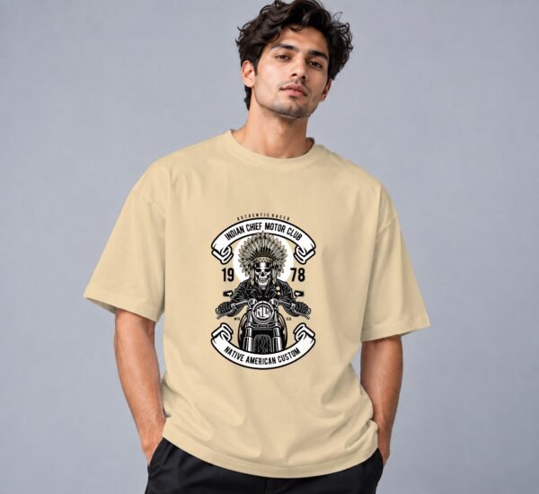 indian-chief-biker-tshirt-beige-front Indian Chief Motor Club Retro Round Neck T-Shirt in beige, front view – Kool Kameez