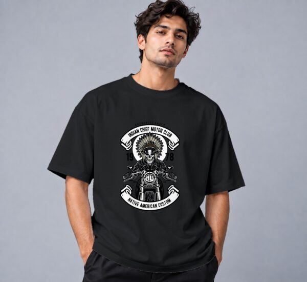indian-chief-biker-tshirt-black-front Indian Chief Motor Club 240 GSM Oversized Tee in black, front view – Kool Kameez