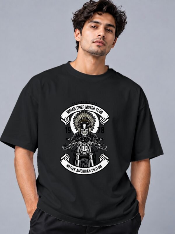 indian-chief-biker-tshirt-black-front Indian Chief Motor Club 240 GSM Oversized Tee in black, front view – Kool Kameez