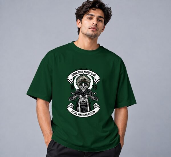 indian-chief-biker-tshirt-bottle-green-front Indian Chief Motor Club 240 GSM Oversized Tee in bottle green, front view – Kool Kameez