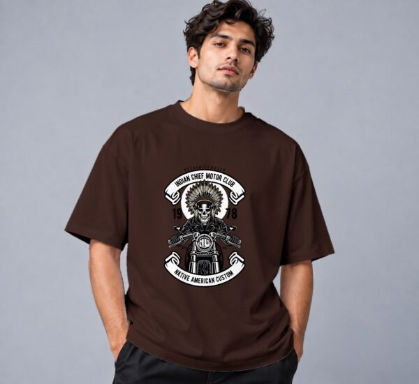 indian-chief-biker-tshirt-coffee-brown-front Indian Chief Motor Club Retro Round Neck T-Shirt in coffee brown, front view – Kool Kameez