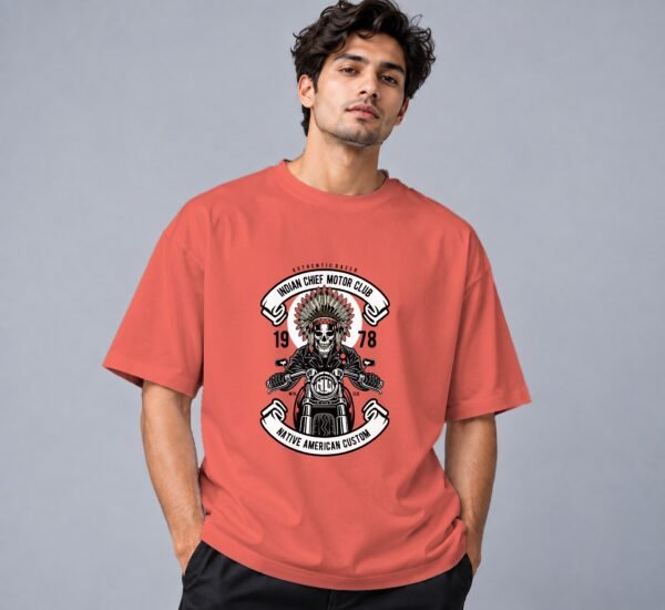 indian-chief-biker-tshirt-coral-front Indian Chief Motor Club 240 GSM Oversized Tee in coral, front view – Kool Kameez