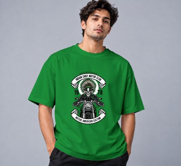 indian-chief-biker-tshirt-flag-green-front Indian Chief Motor Club Retro Round Neck T-Shirt in flag green, front view – Kool Kameez
