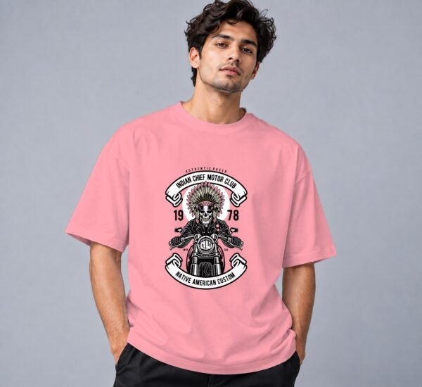 indian-chief-biker-tshirt-flamingo-front Indian Chief Motor Club Retro Round Neck T-Shirt in flamingo, front view – Kool Kameez