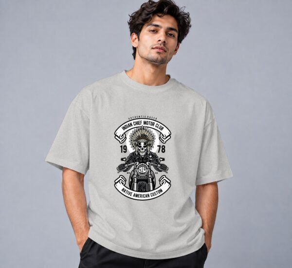 indian-chief-biker-tshirt-grey-melange-front Indian Chief Motor Club 240 GSM Oversized Tee in grey melange, front view – Kool Kameez