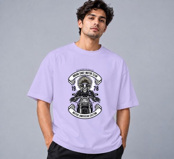 indian-chief-biker-tshirt-lavender-front Indian Chief Motor Club 240 GSM Oversized Tee in lavender, front view – Kool Kameez
