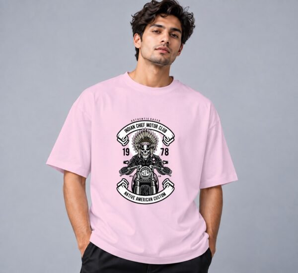 indian-chief-biker-tshirt-light-baby-pink-front Indian Chief Motor Club 240 GSM Oversized Tee in light baby pink, front view – Kool Kameez