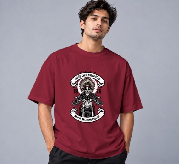 indian-chief-biker-tshirt-maroon-front Indian Chief Motor Club 240 GSM Oversized Tee in maroon, front view – Kool Kameez