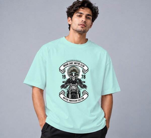indian-chief-biker-tshirt-mint-front Indian Chief Motor Club 240 GSM Oversized Tee in mint, front view – Kool Kameez