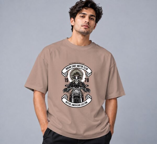 indian-chief-biker-tshirt-mushroom-front Indian Chief Motor Club Retro Round Neck T-Shirt in mushroom, front view – Kool Kameez