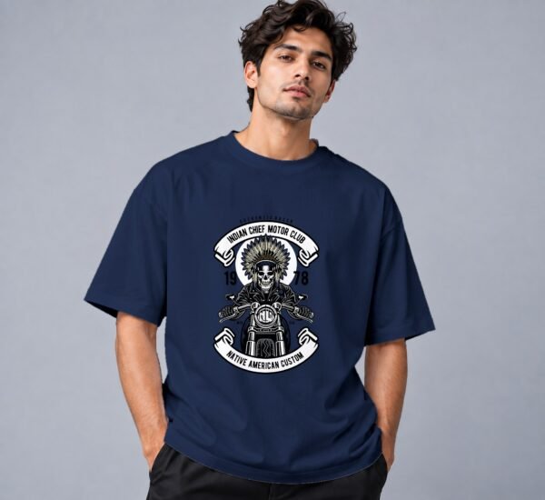 indian-chief-biker-tshirt-navy-blue-front Indian Chief Motor Club 240 GSM Oversized Tee in navy blue, front view – Kool Kameez