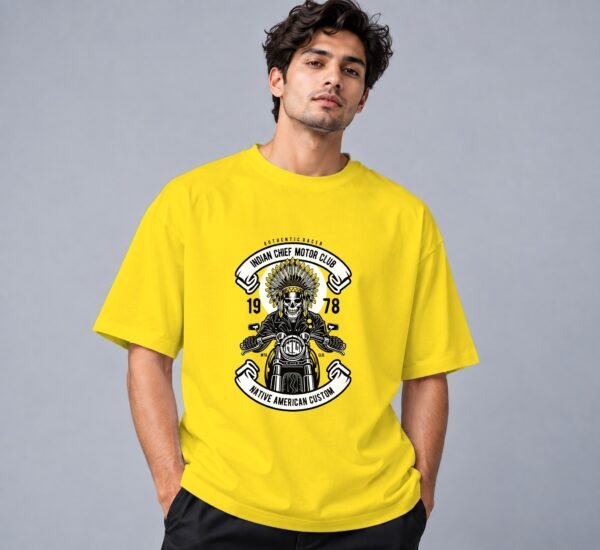indian-chief-biker-tshirt-new-yellow-front Indian Chief Motor Club Retro Round Neck T-Shirt in new yellow, front view – Kool Kameez