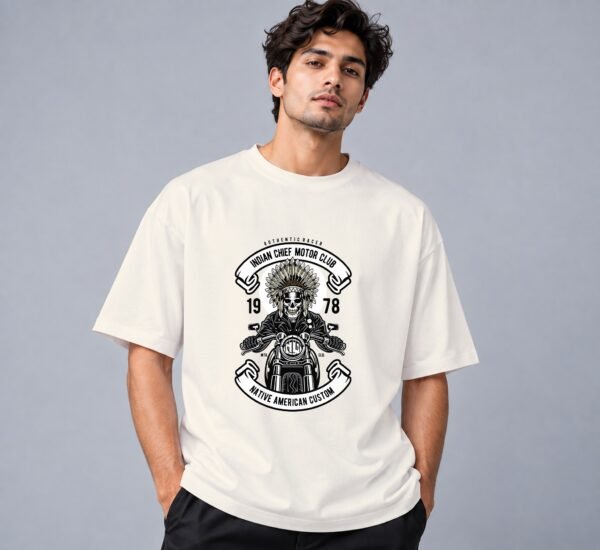 indian-chief-biker-tshirt-off-white-front Indian Chief Motor Club 240 GSM Oversized Tee in off white, front view – Kool Kameez