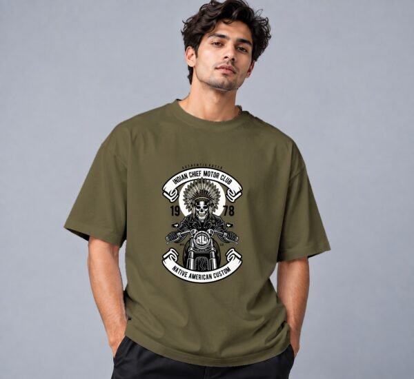 indian-chief-biker-tshirt-olive-green-front Indian Chief Motor Club 240 GSM Oversized Tee in olive green, front view – Kool Kameez