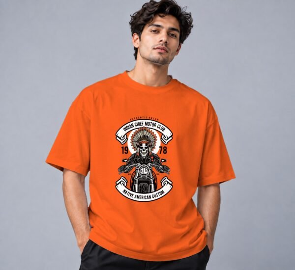 indian-chief-biker-tshirt-orange-front Indian Chief Motor Club Retro Round Neck T-Shirt in orange, front view – Kool Kameez