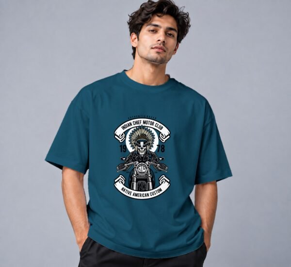 indian-chief-biker-tshirt-petrol-blue-front Indian Chief Motor Club 240 GSM Oversized Tee in petrol blue, front view – Kool Kameez