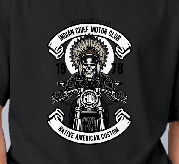 indian-chief-biker-tshirt-print-detail Indian Chief Motor Club 240 GSM Oversized Tee, print close-up – Kool Kameez