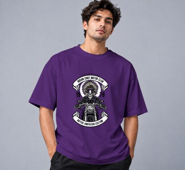 indian-chief-biker-tshirt-purple-front Indian Chief Motor Club 240 GSM Oversized Tee in purple, front view – Kool Kameez
