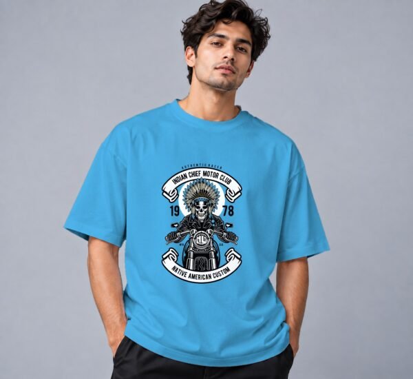 indian-chief-biker-tshirt-skyblue-front Indian Chief Motor Club Retro Round Neck T-Shirt in skyblue, front view – Kool Kameez