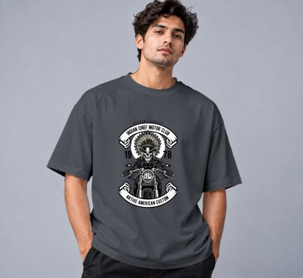 indian-chief-biker-tshirt-steel-grey-front Indian Chief Motor Club Retro Round Neck T-Shirt in steel grey, front view – Kool Kameez