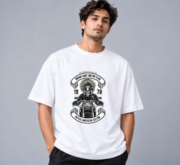indian-chief-biker-tshirt-white-front Indian Chief Motor Club 240 GSM Oversized Tee in white, front view – Kool Kameez