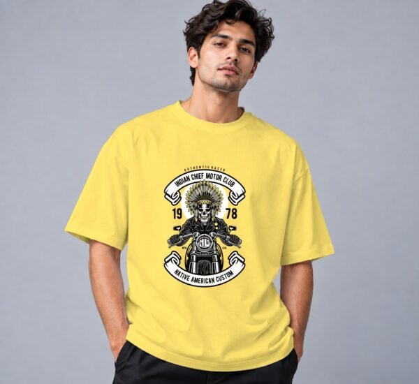 indian-chief-biker-tshirt-yellow-front Indian Chief Motor Club Retro Round Neck T-Shirt in yellow, front view – Kool Kameez