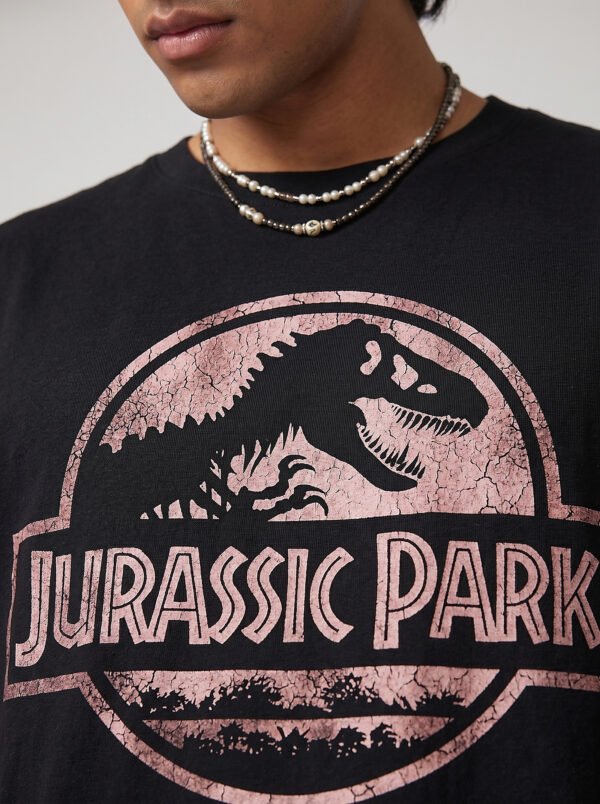 Jurassic Park Distressed Logo Round Neck T-Shirt in Black, distressed print close-up