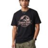 Jurassic Park Distressed Logo Round Neck T-Shirt in Black, front view
