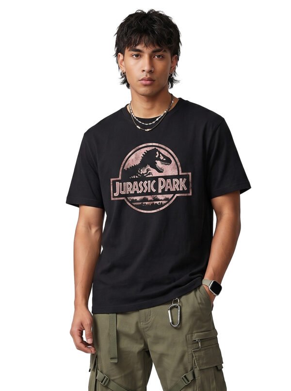 Jurassic Park Distressed Logo Round Neck T-Shirt in Black, front view