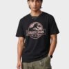 Jurassic Park Distressed Logo Round Neck T-Shirt in Black, front view